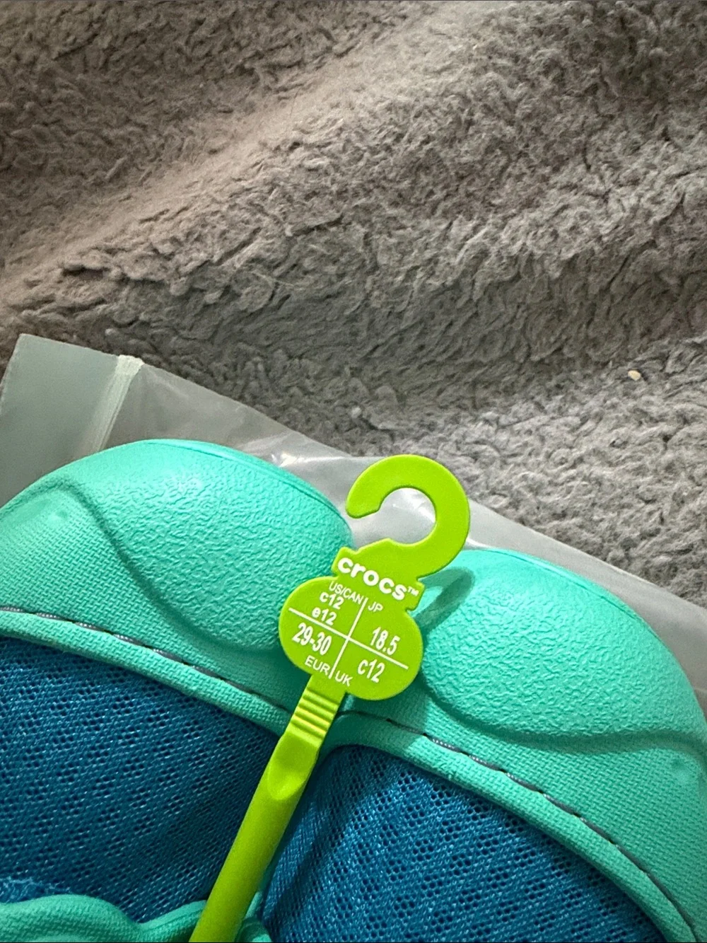 CROCS Kids Blue & Mint Foam Clogs with Purple Straps